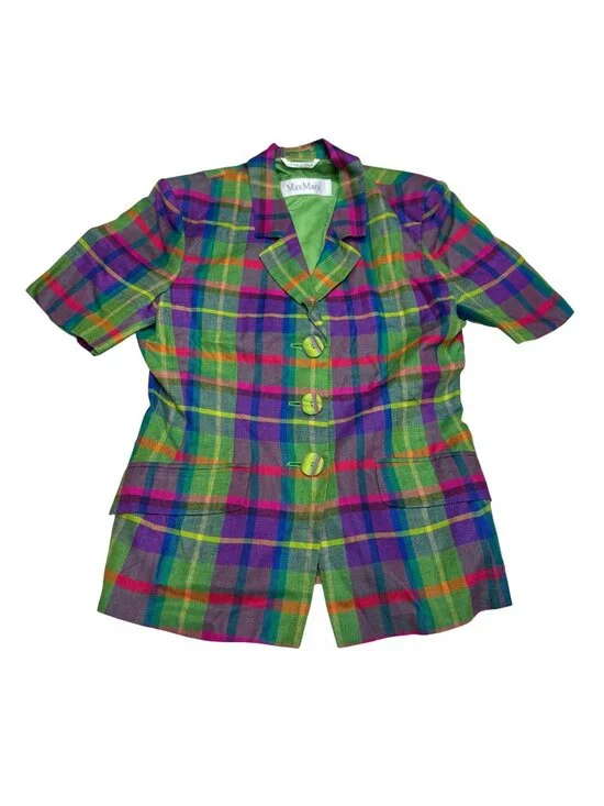 Vintage Max Mara Women's 100% Linen SS Multicolor Plaid Button Jacket, Size M - Picture 1 of 8